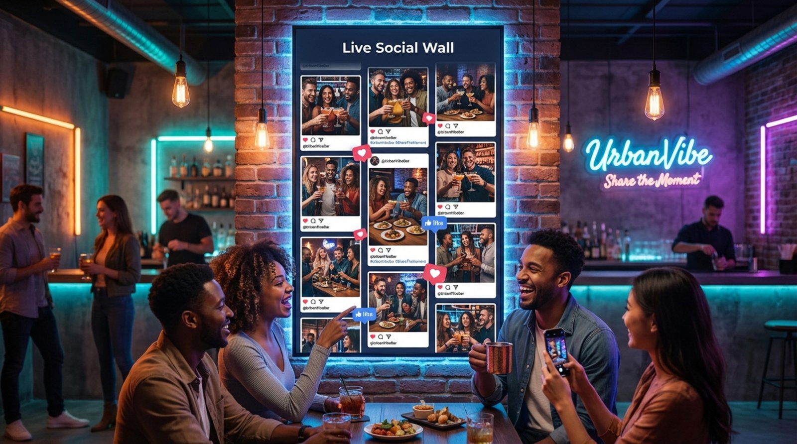 A large vertical screen on a brick wall displaying a mosaic of customer photos from social media at a trendy bar. A group of friends in the foreground shows excitement while looking at the screen.