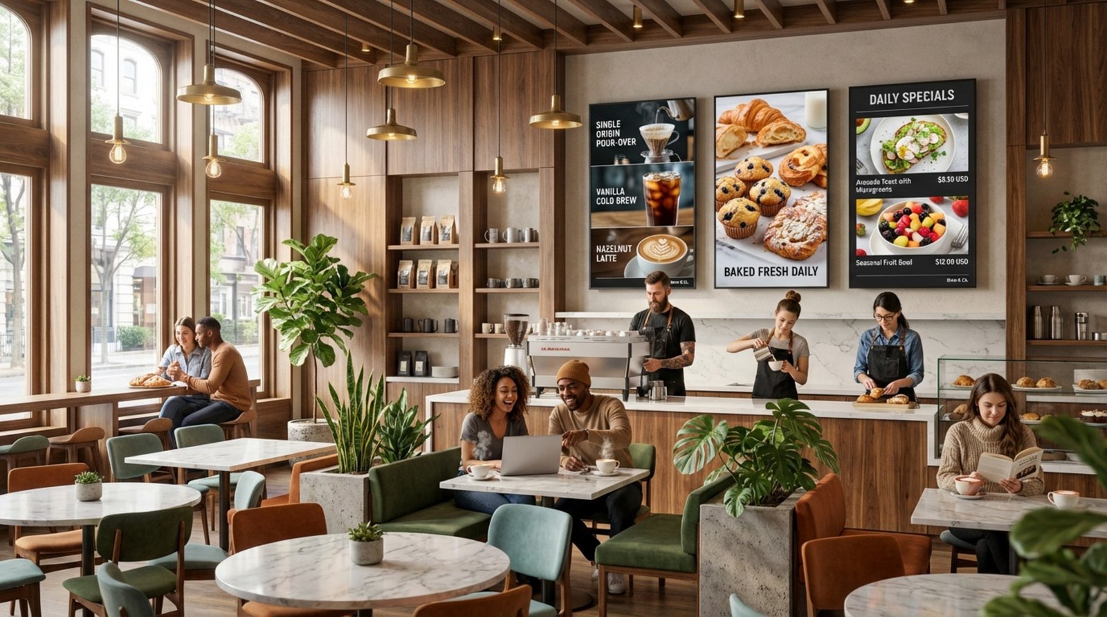 A lively café interior with digital menu boards displaying food and drink options, creating a modern and welcoming atmosphere.