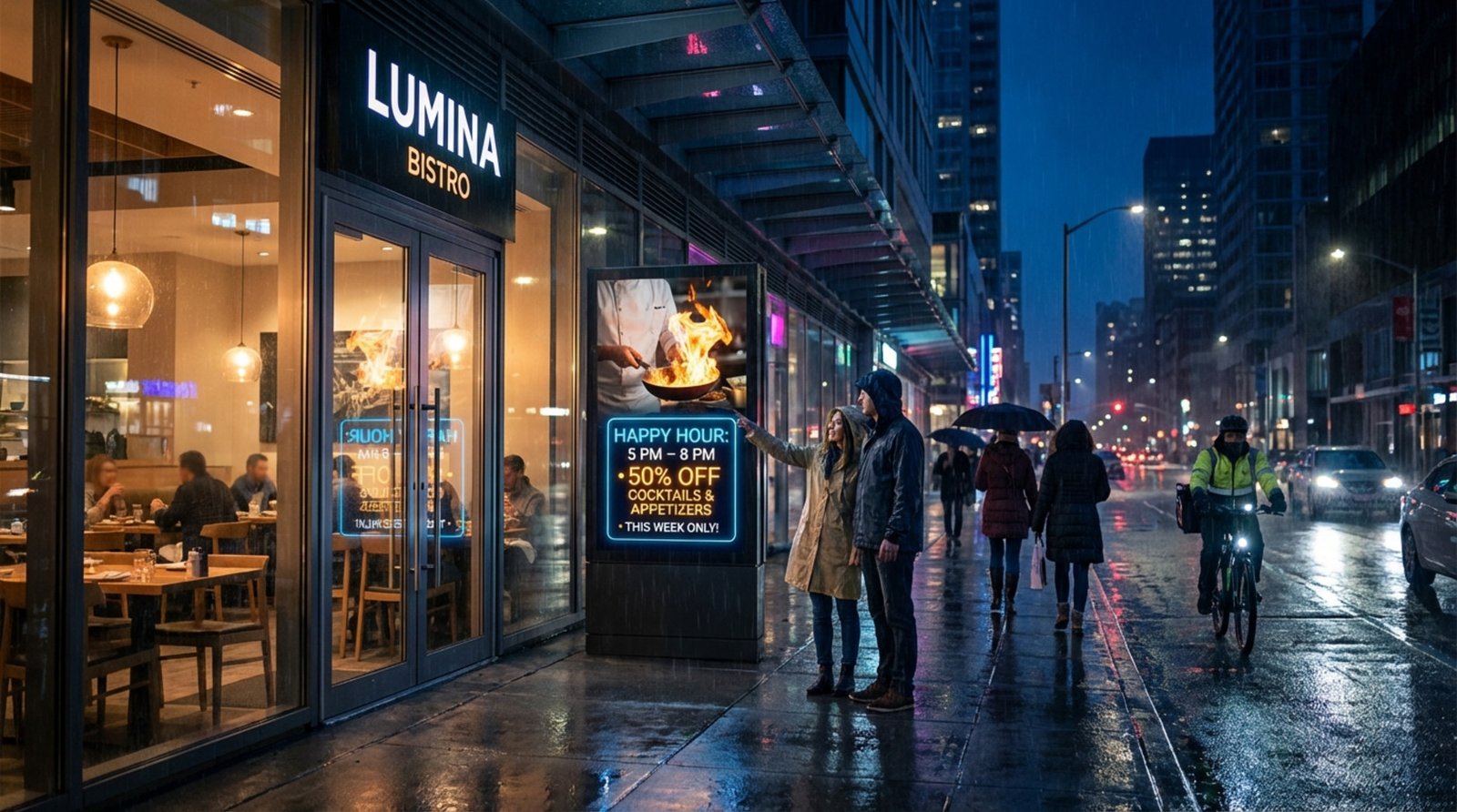 A digital display outside a restaurant shows a chef preparing a dish and a happy hour promotion, attracting pedestrians in a vibrant city night scene.