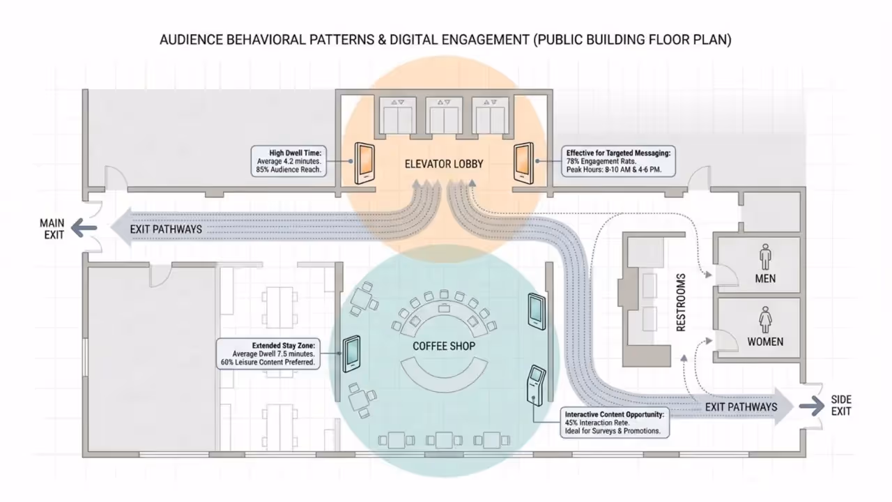 An infographic illustrating audience movement and dwell zones in a public building with digital screens and callouts.