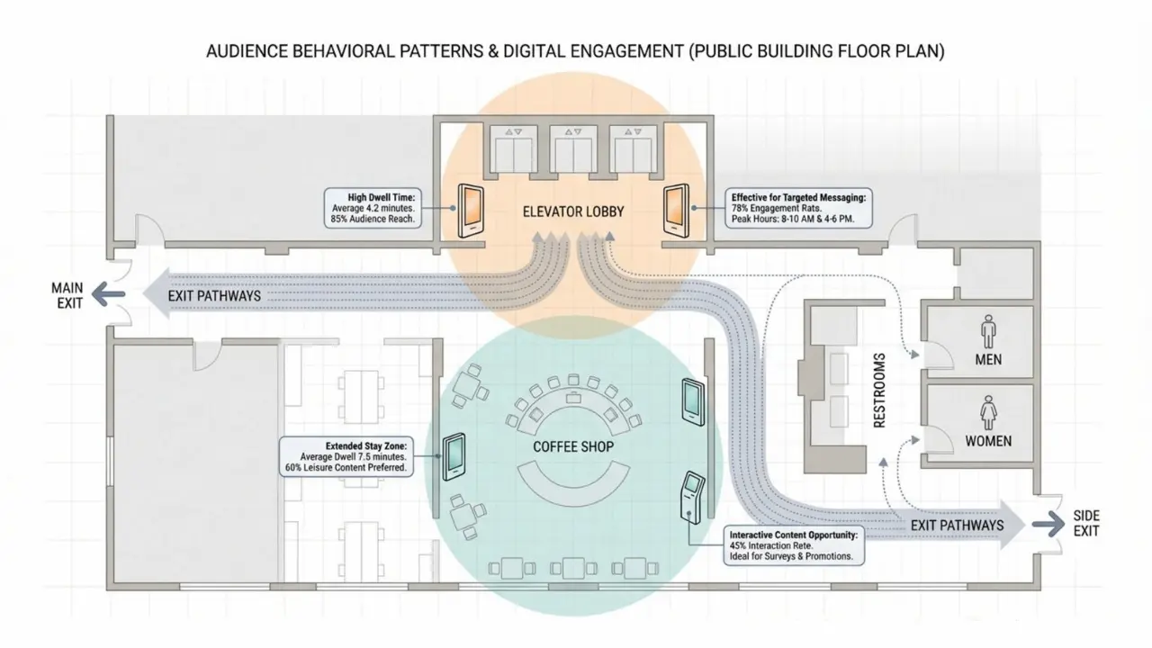 An infographic illustrating audience movement and dwell zones in a public building with digital screens and callouts.