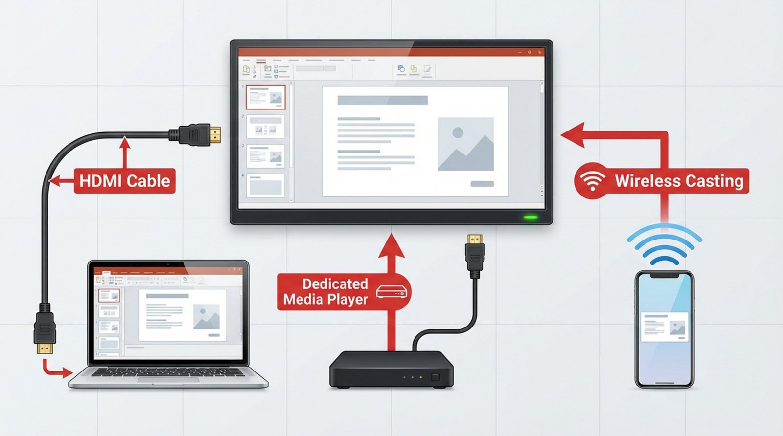 A clear diagram showing three ways to connect a presentation to a digital signage screen with icons for devices and labeled connection methods.