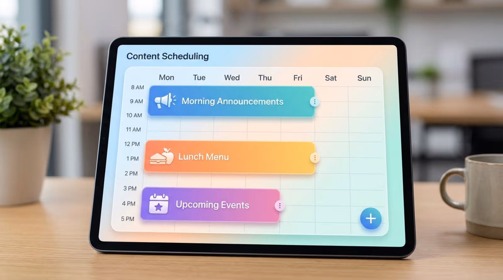 A modern and user-friendly digital signage scheduling interface on a tablet showing a weekly calendar with colorful content blocks for different times of day.
