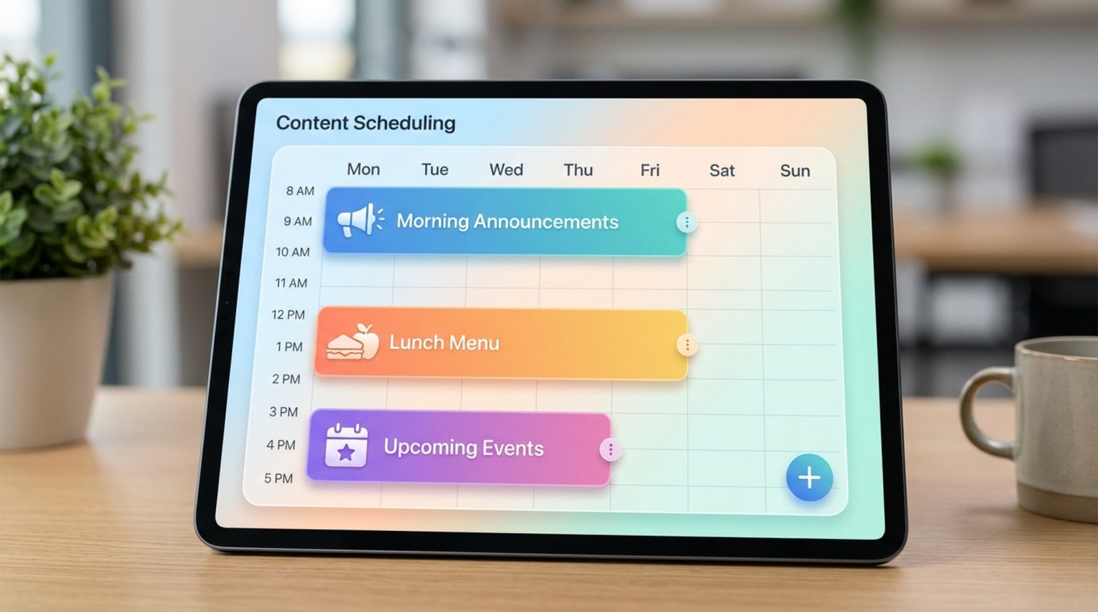 A modern and user-friendly digital signage scheduling interface on a tablet showing a weekly calendar with colorful content blocks for different times of day.