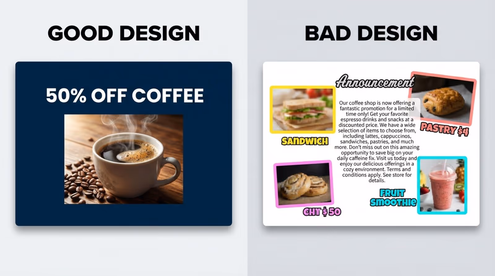 An infographic comparing effective and ineffective digital signage slides side-by-side, highlighting clarity and clutter.