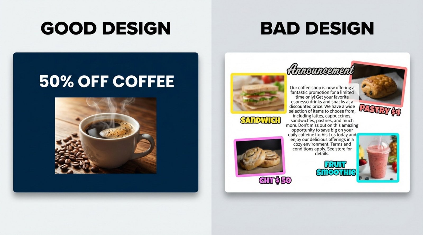 An infographic comparing effective and ineffective digital signage slides side-by-side, highlighting clarity and clutter.
