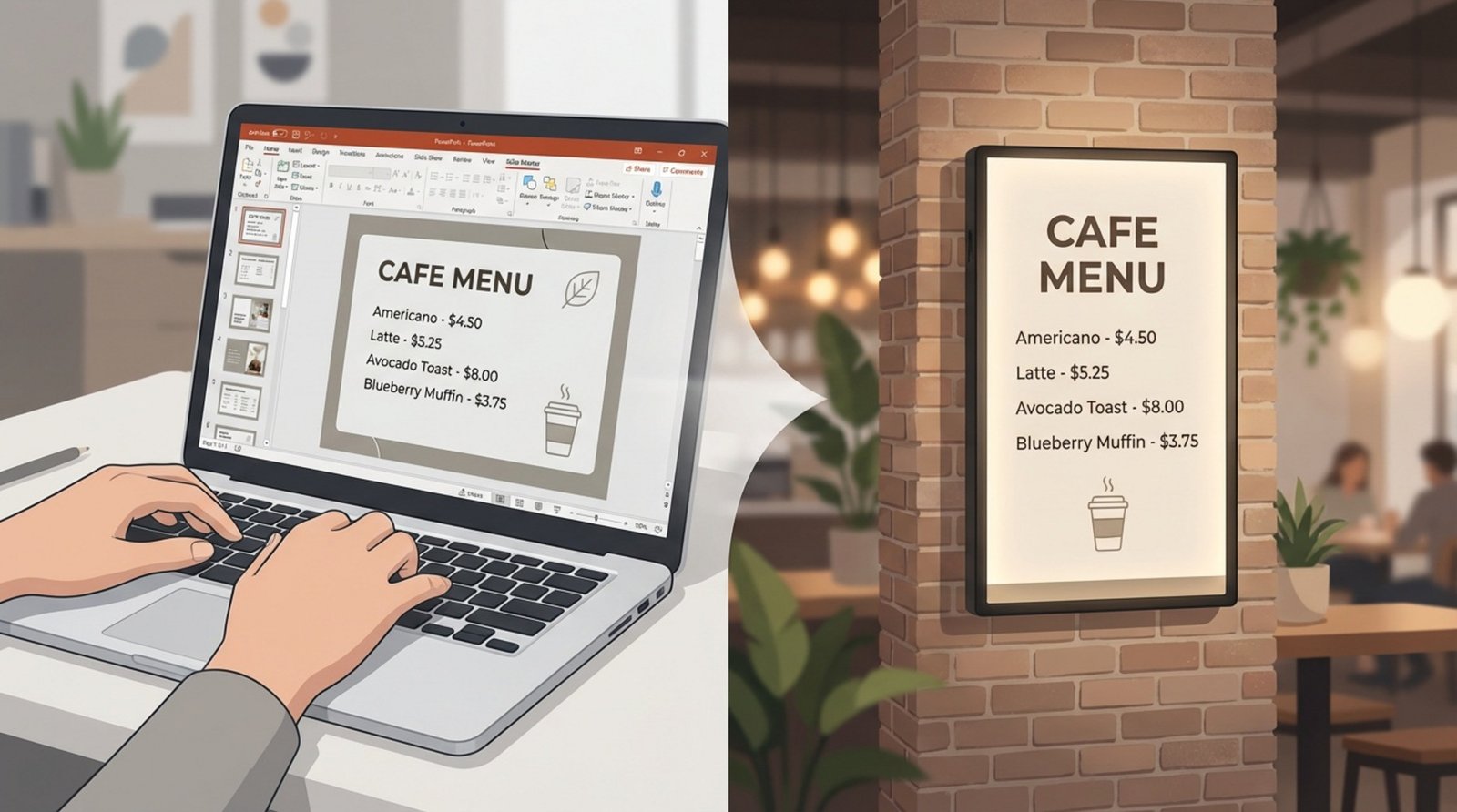 Split-screen illustration showing hands editing a cafe menu on a laptop and the finished digital menu on a wall screen.