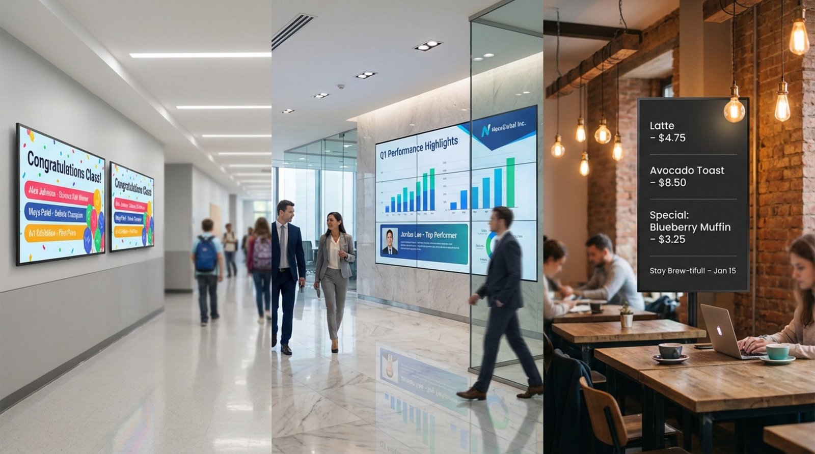 Photorealistic collage of digital signage in a school, office, and café showcasing achievements, news, and menus.