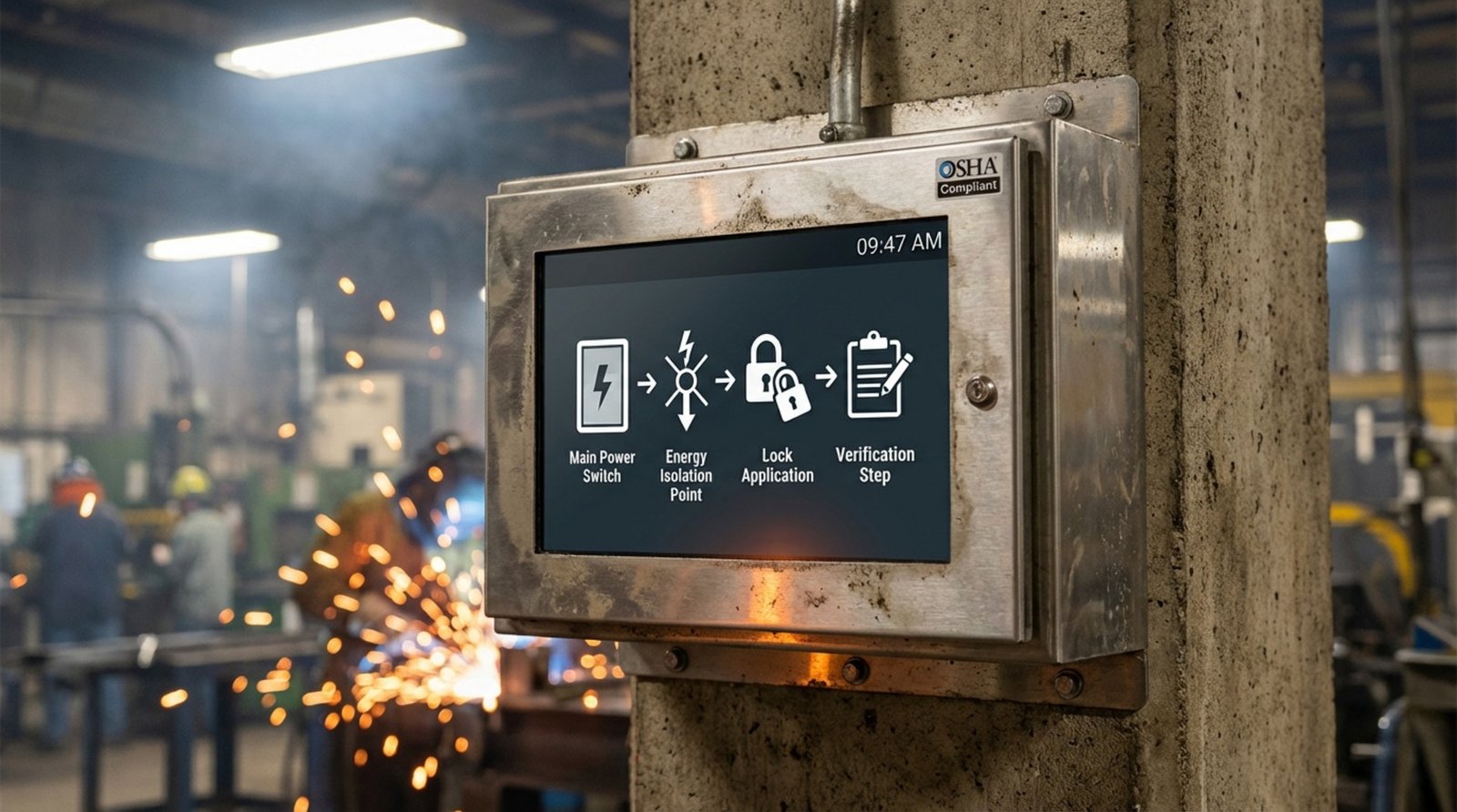 Close-up of a rugged digital signage screen on a concrete column displaying a lockout-tagout diagram in a busy factory environment.