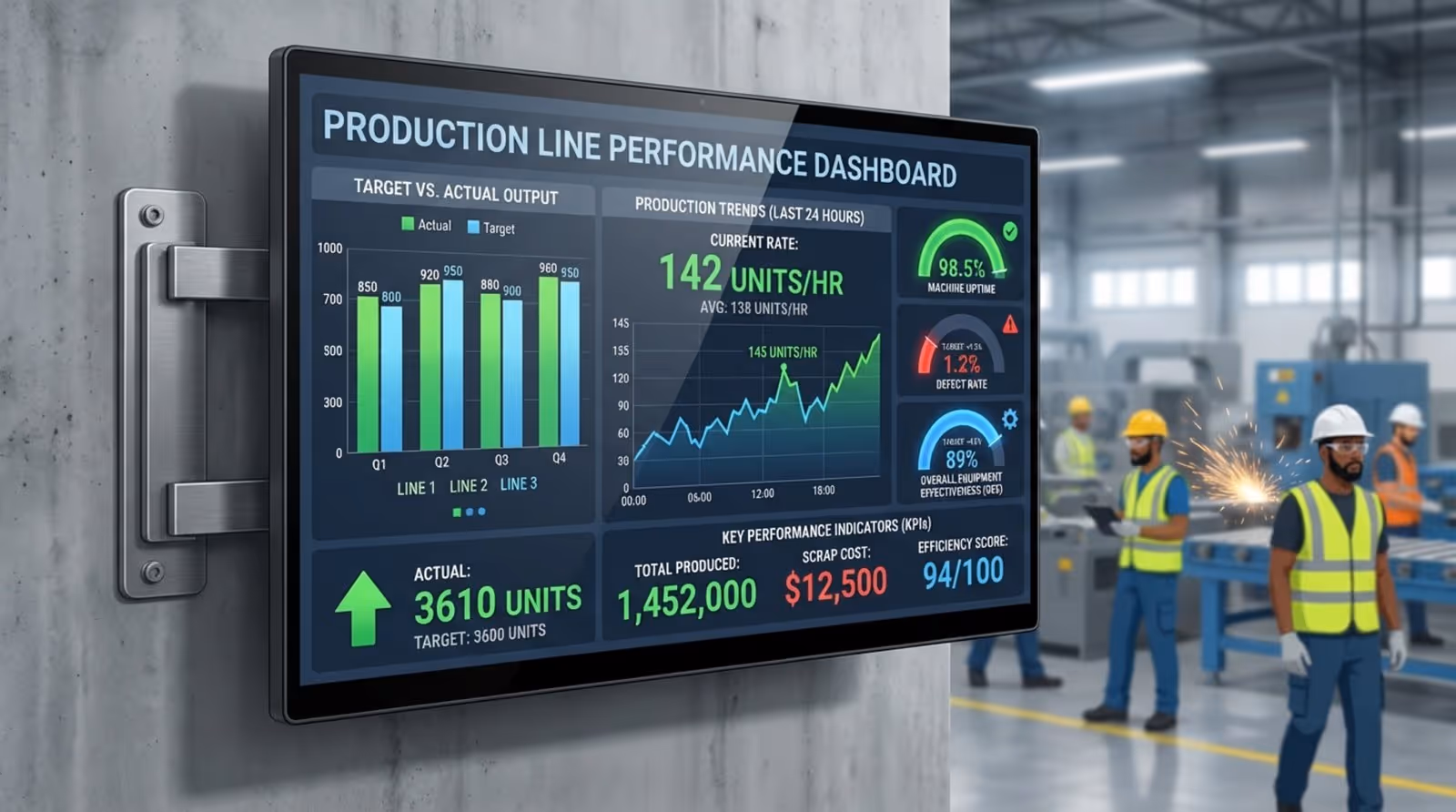 A digital signage screen displaying a production line performance dashboard with colorful charts and KPIs for quick performance assessment.