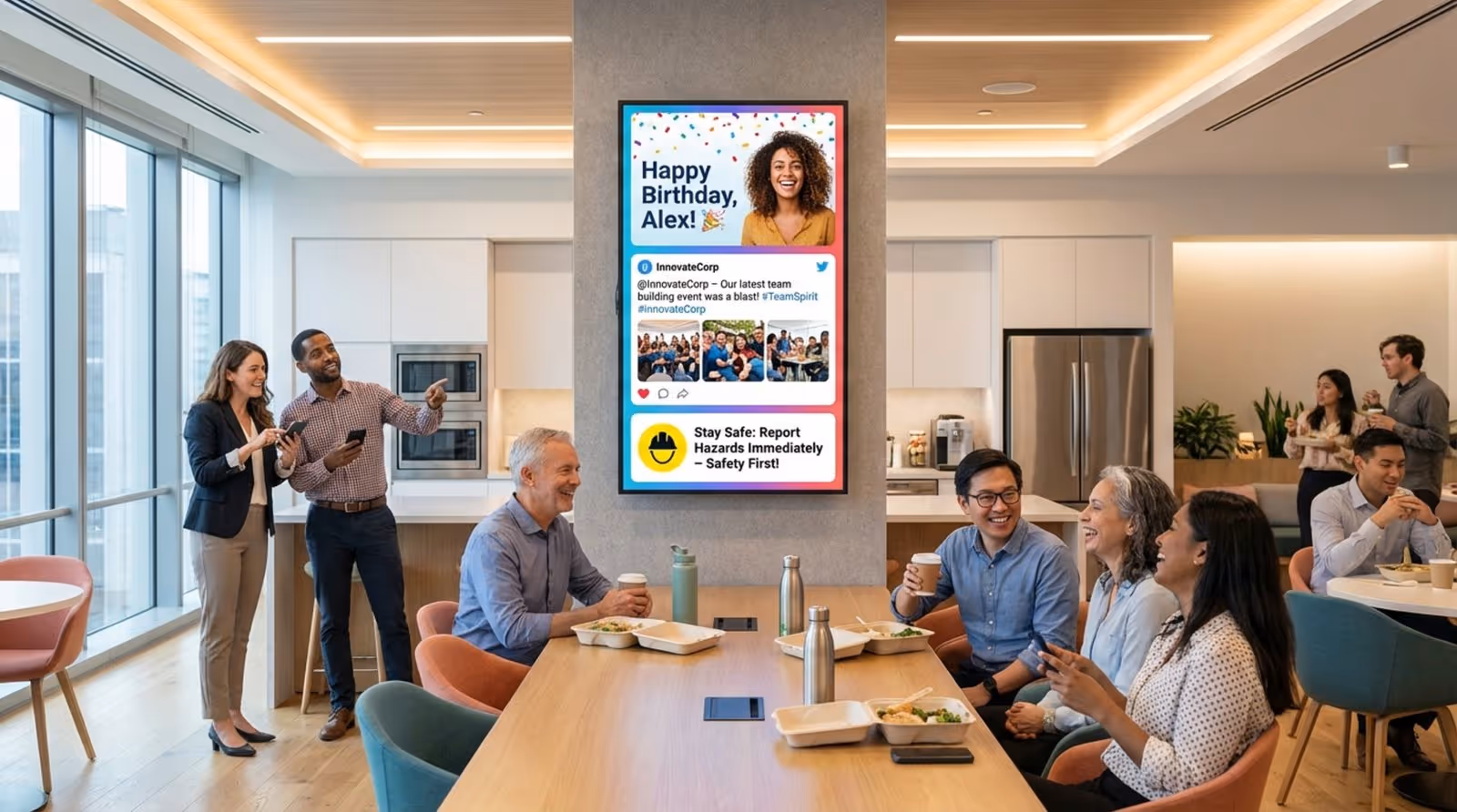 A lively office break room during lunch with employees gathered around a digital screen displaying announcements and social media updates.