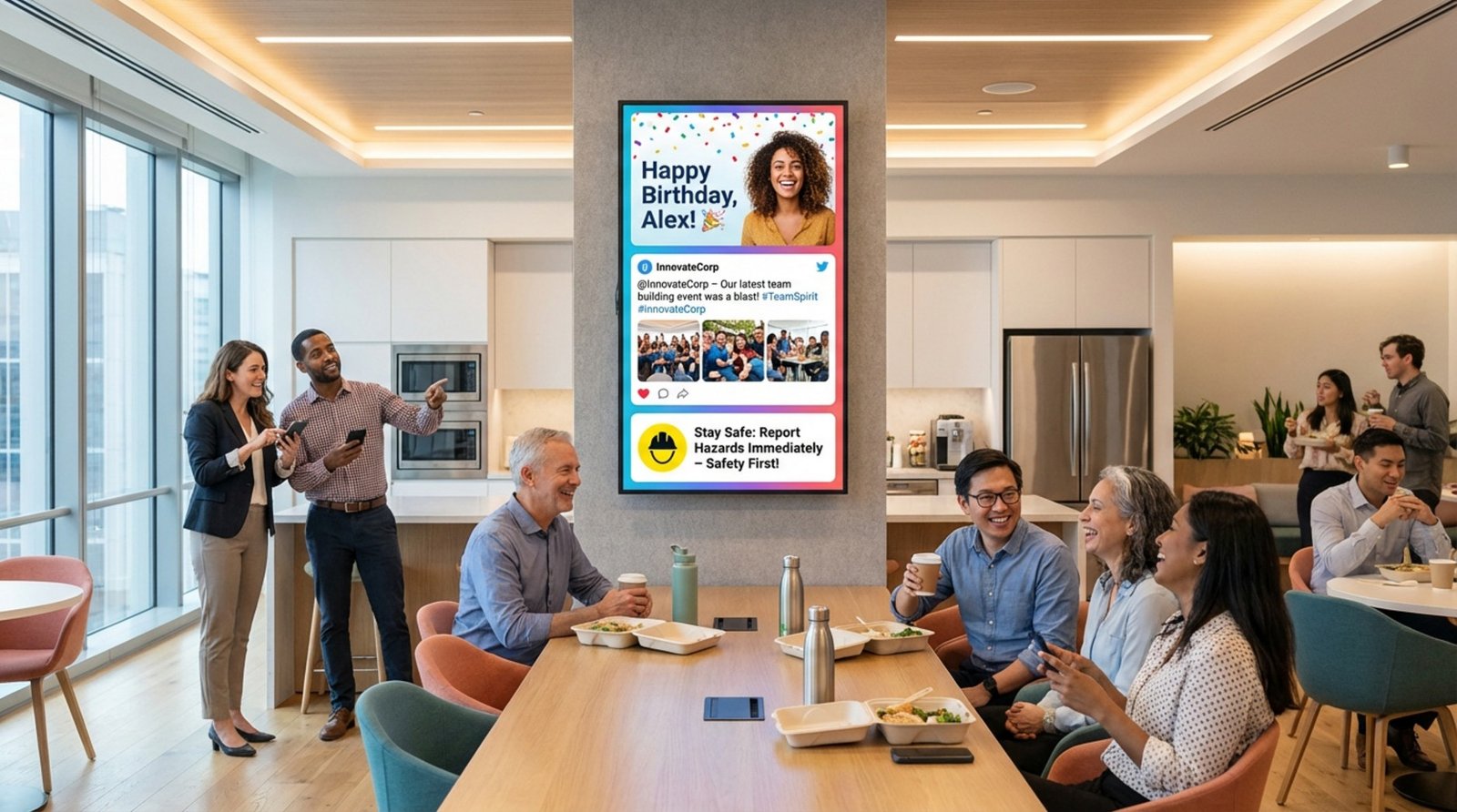 A lively office break room during lunch with employees gathered around a digital screen displaying announcements and social media updates.