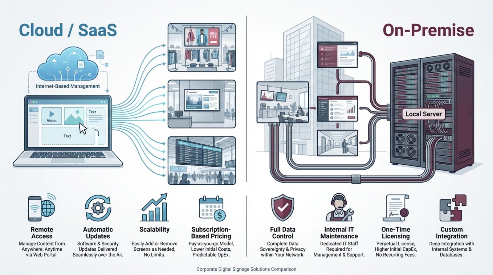 An infographic comparing cloud-based and on-premise digital signage systems, showing remote management versus local server control with icons and labels.