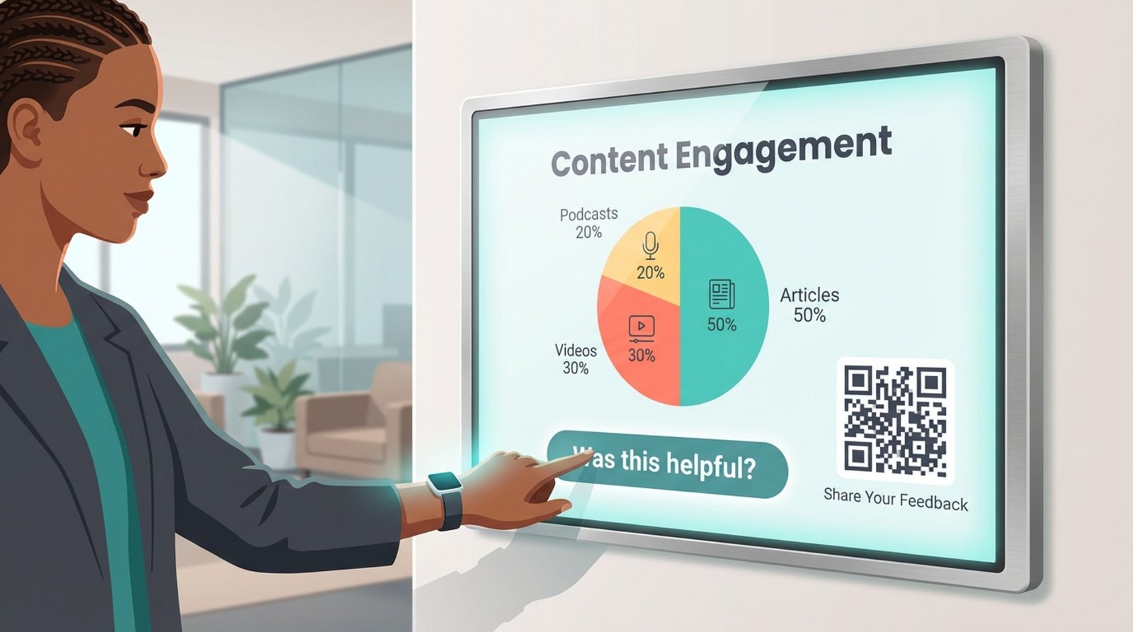 An employee provides feedback on a digital signage screen showing engagement data and a QR code to share opinions.