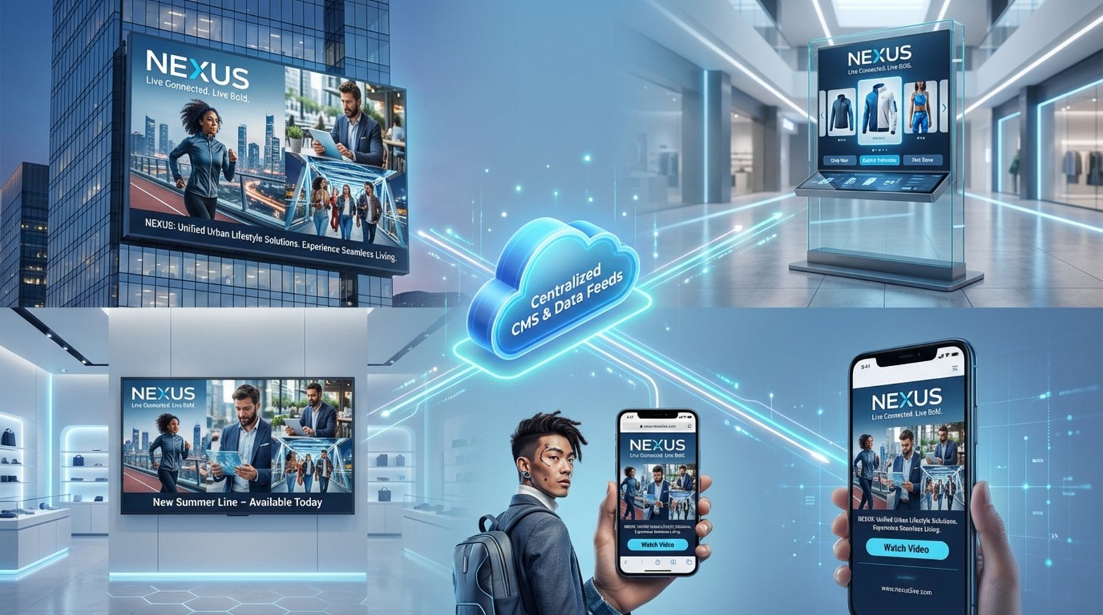 Futuristic infographic showing centralized CMS connecting various digital screens and devices for synchronized advertising.