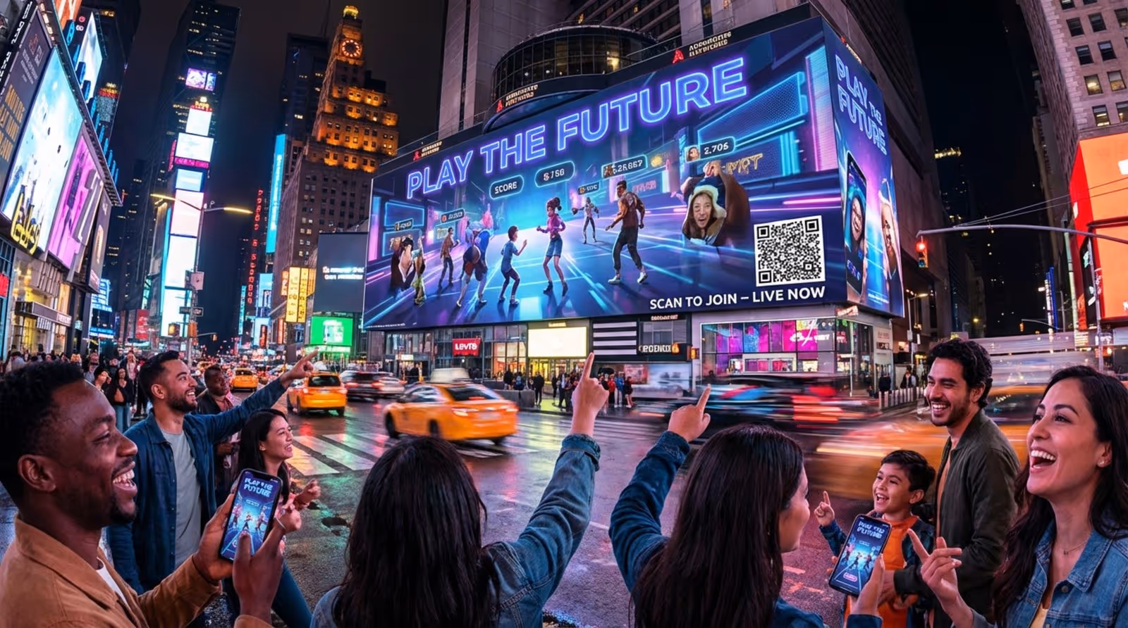 People gather around a bright digital billboard in a lively city square at night, engaging with an interactive game using smartphones and gestures.