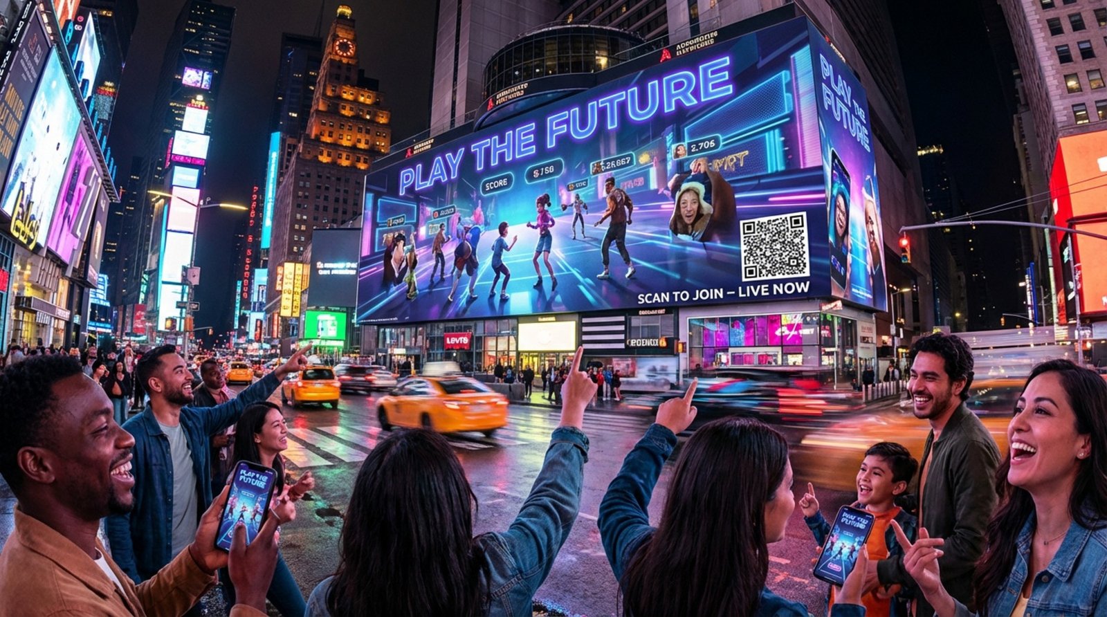 People gather around a bright digital billboard in a lively city square at night, engaging with an interactive game using smartphones and gestures.