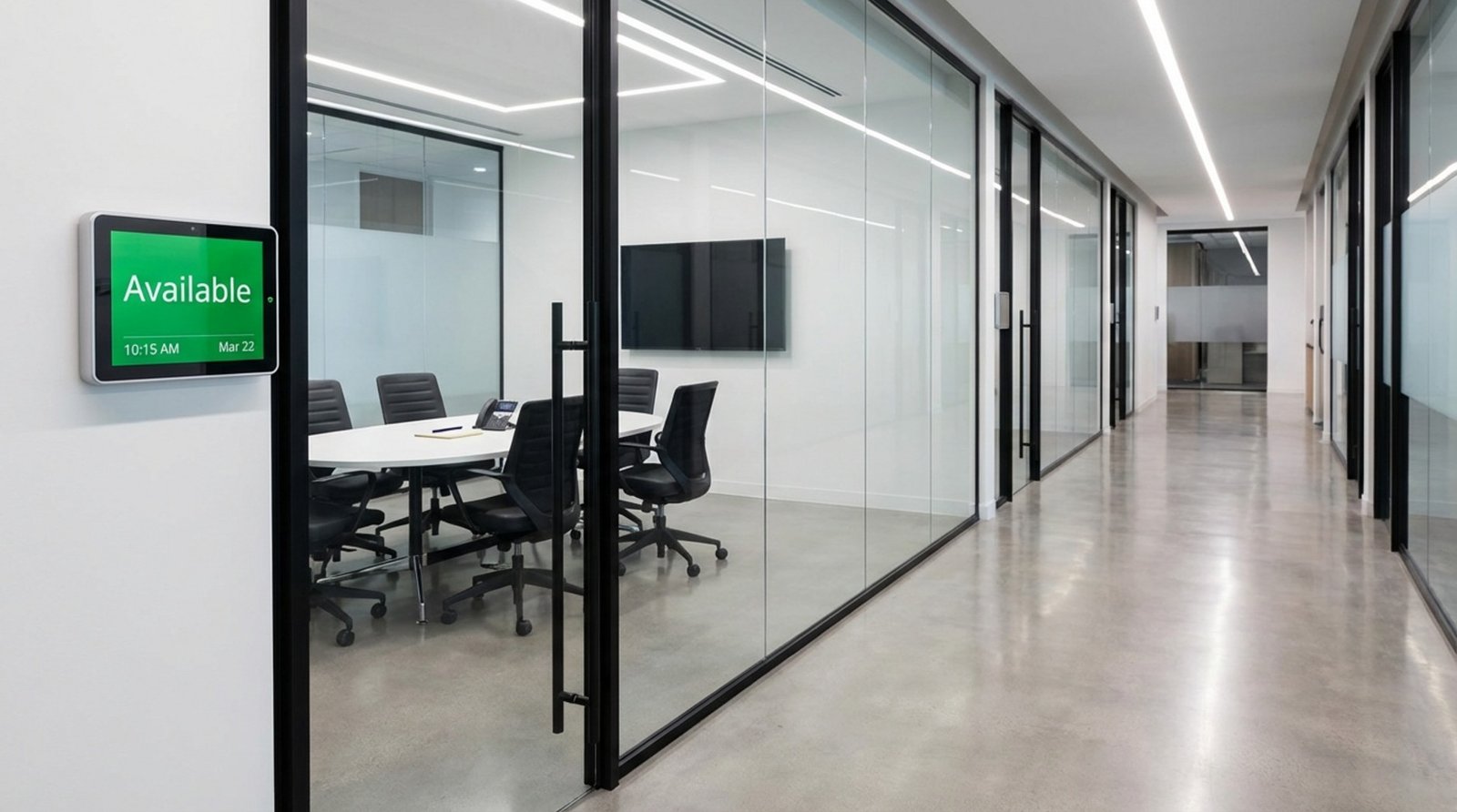 A digital room scheduling panel in a sleek office corridor indicating availability and efficiency.