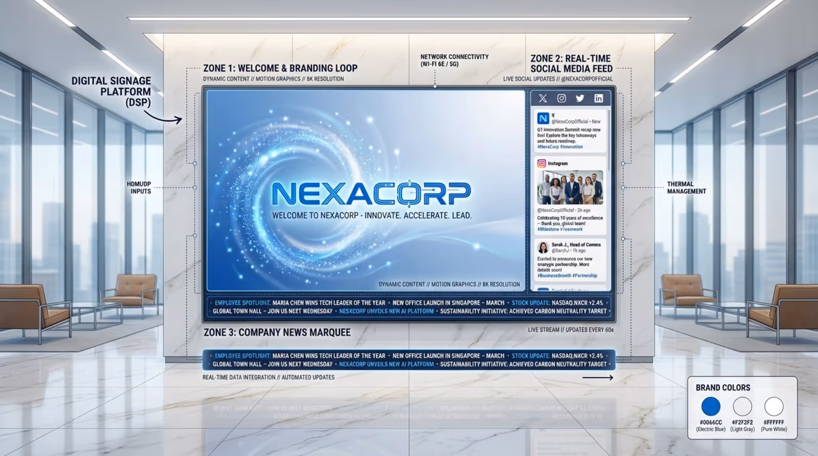 An infographic of a digital signage display in a corporate lobby showing a multi-zone layout with a welcome video, social media feed, and news ticker.