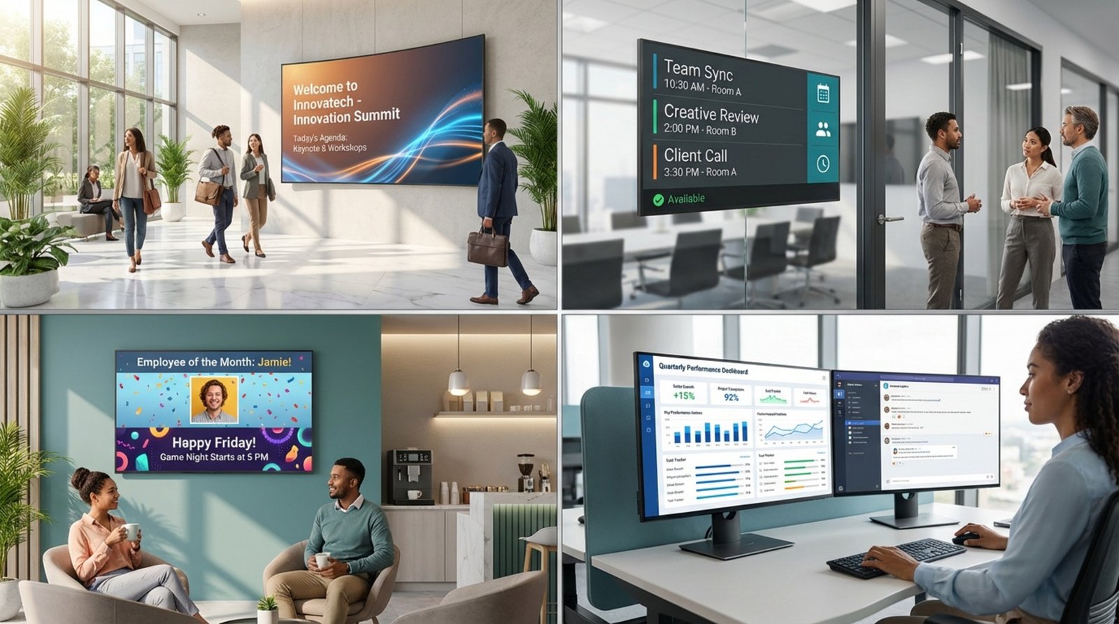 Collage of digital signage applications in a modern office including a lobby screen, meeting room panel, break area display, and employee dashboard.