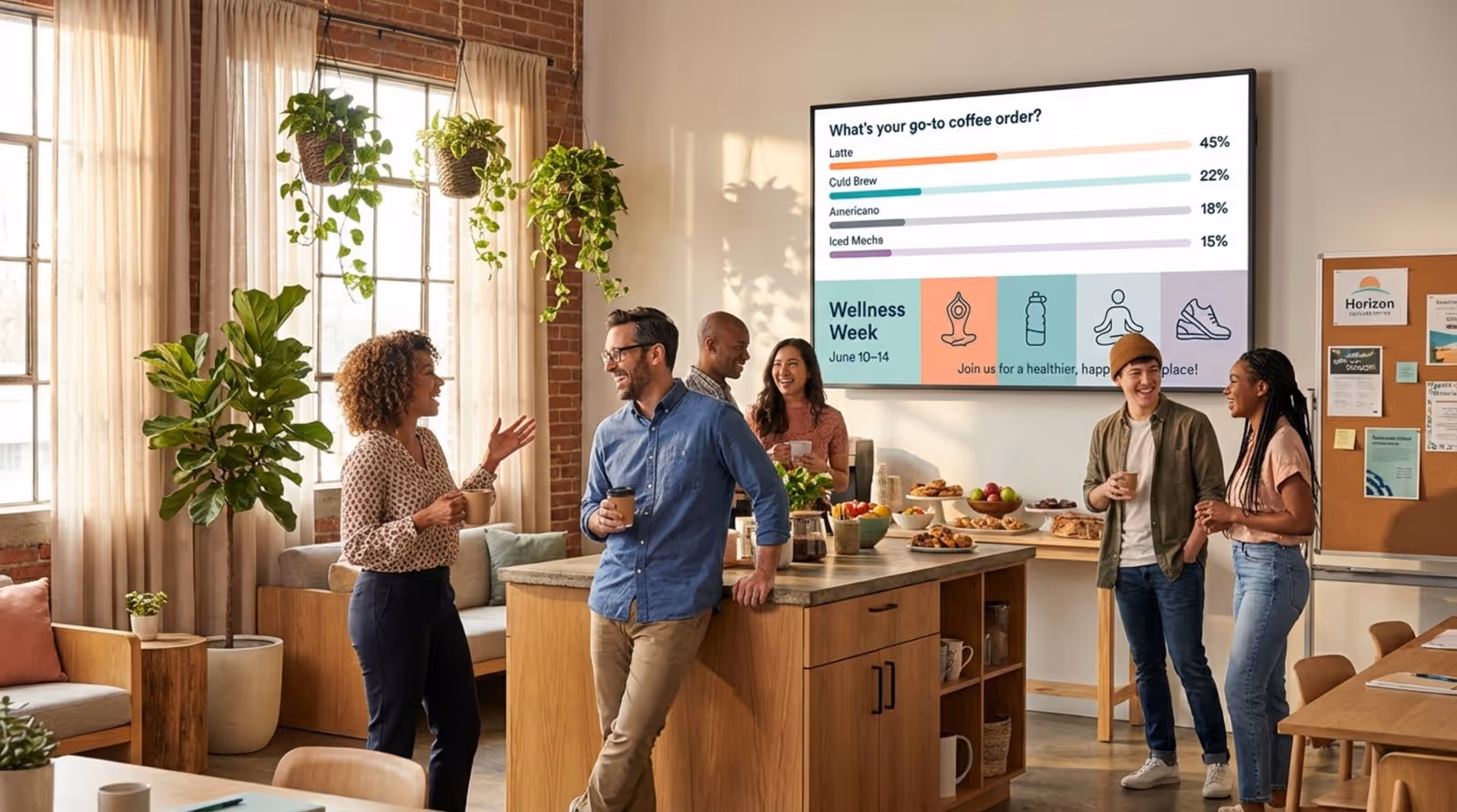 A diverse group of employees chatting over coffee in an office breakroom with a digital screen displaying a poll and wellness promotion.