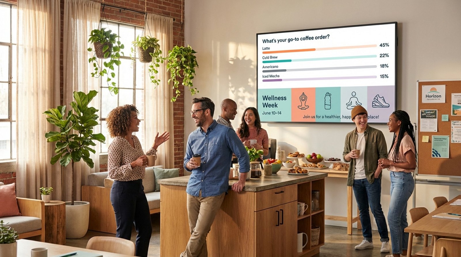 A diverse group of employees chatting over coffee in an office breakroom with a digital screen displaying a poll and wellness promotion.