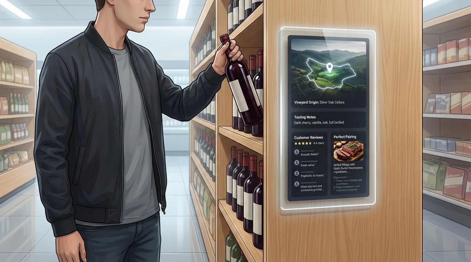 A shopper interacts with a lift-and-learn system in a supermarket wine aisle, revealing vineyard details and tasting notes on a digital screen.