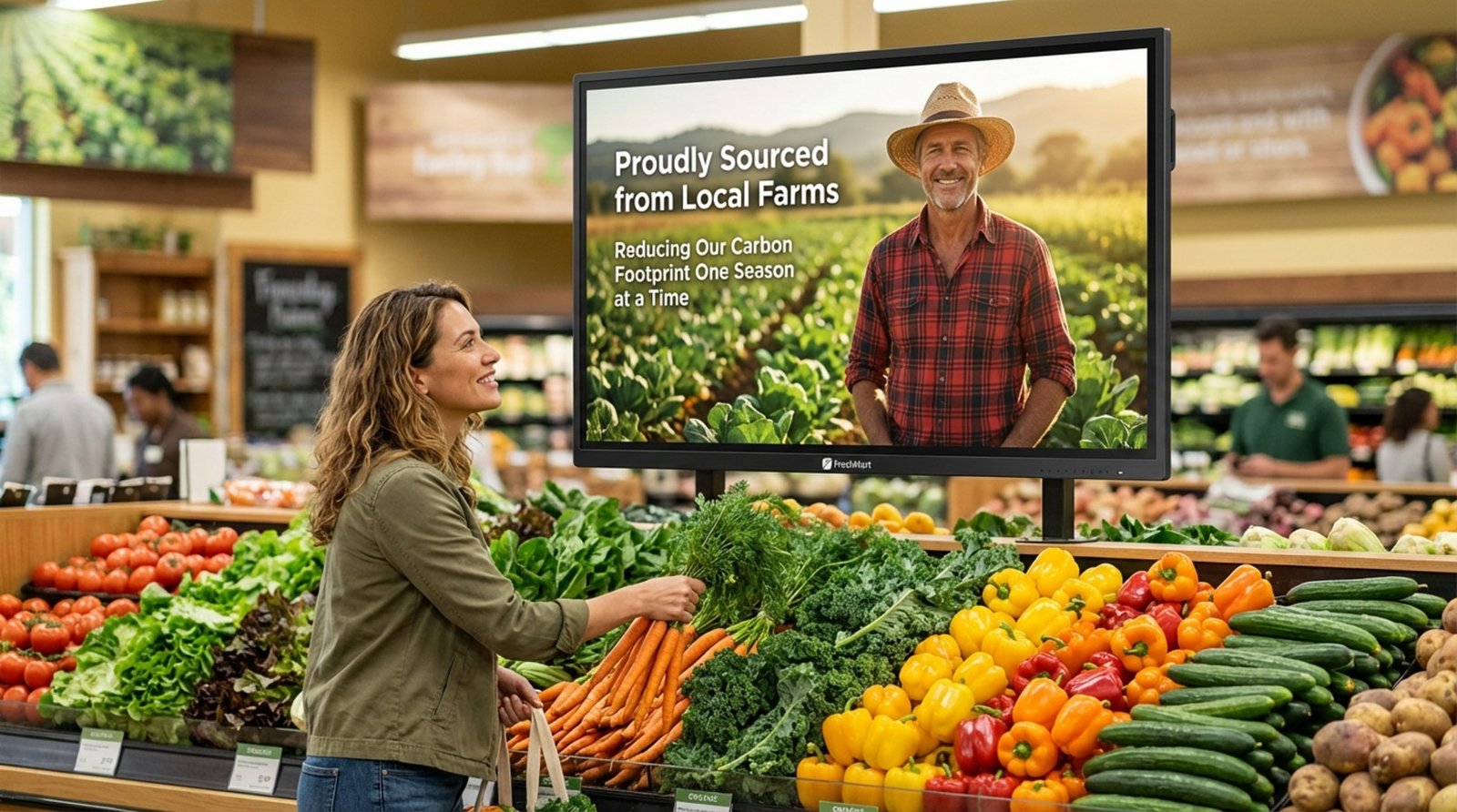 A digital sign in a supermarket's produce section displaying sustainability information with a smiling farmer image and a customer selecting vegetables.