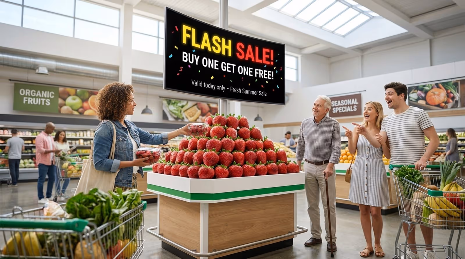 A digital screen advertises a flash sale in a supermarket produce section with shoppers looking at fresh strawberries.