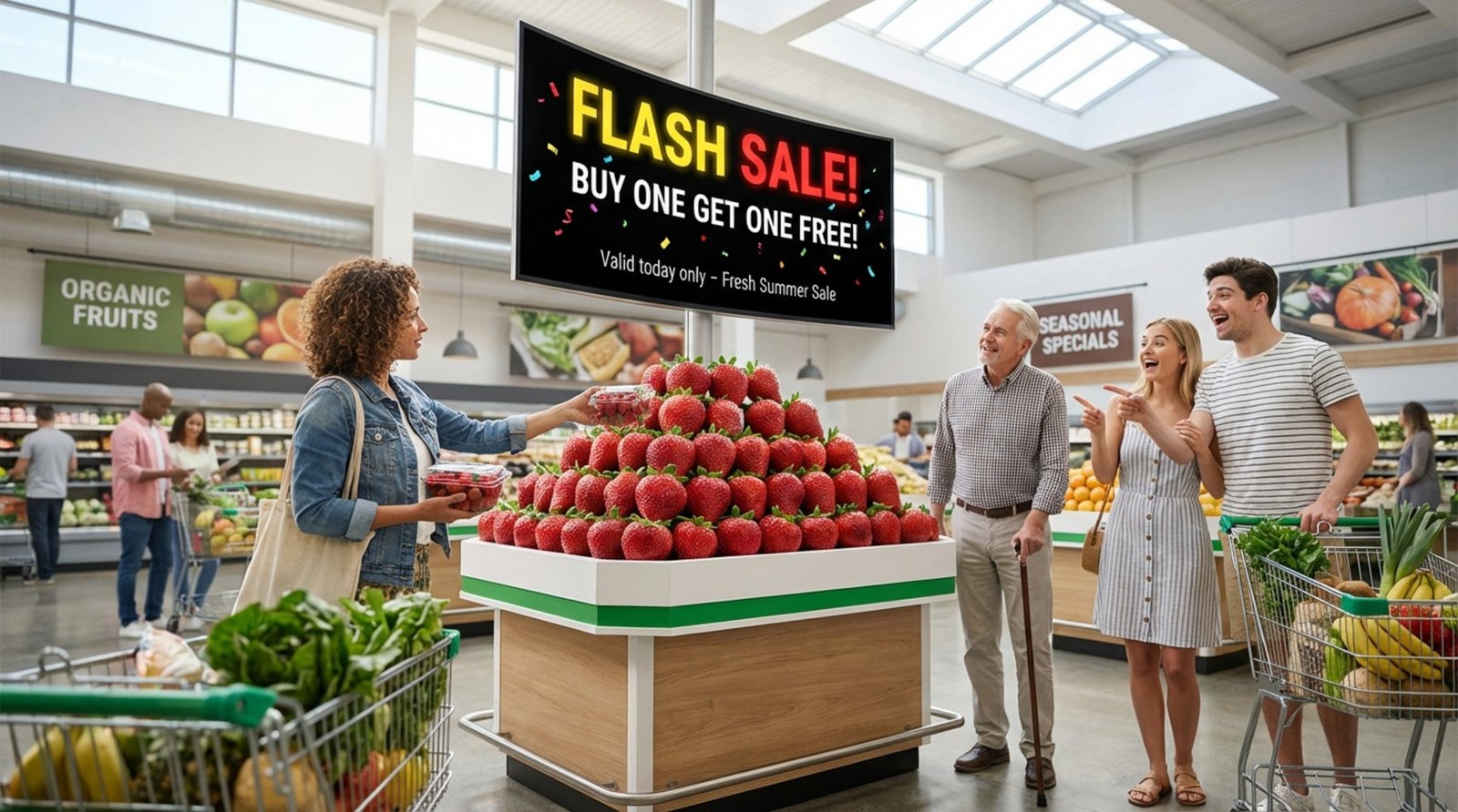 A digital screen advertises a flash sale in a supermarket produce section with shoppers looking at fresh strawberries.