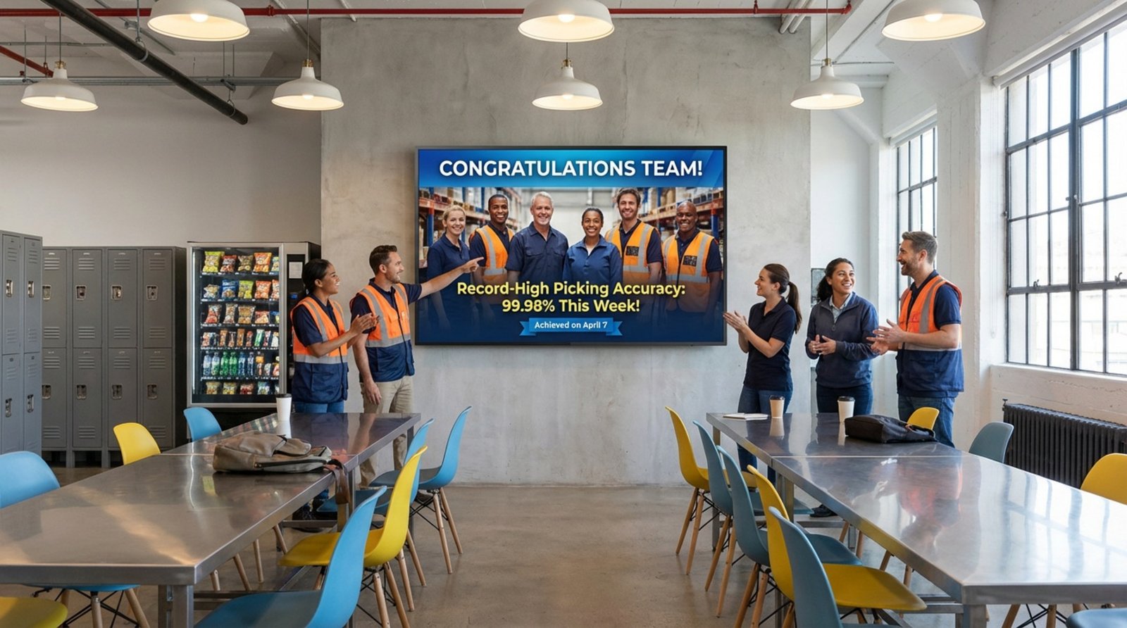 Employees gather around a digital screen displaying a team of the week and a record-high accuracy achievement, showcasing workplace recognition and morale.