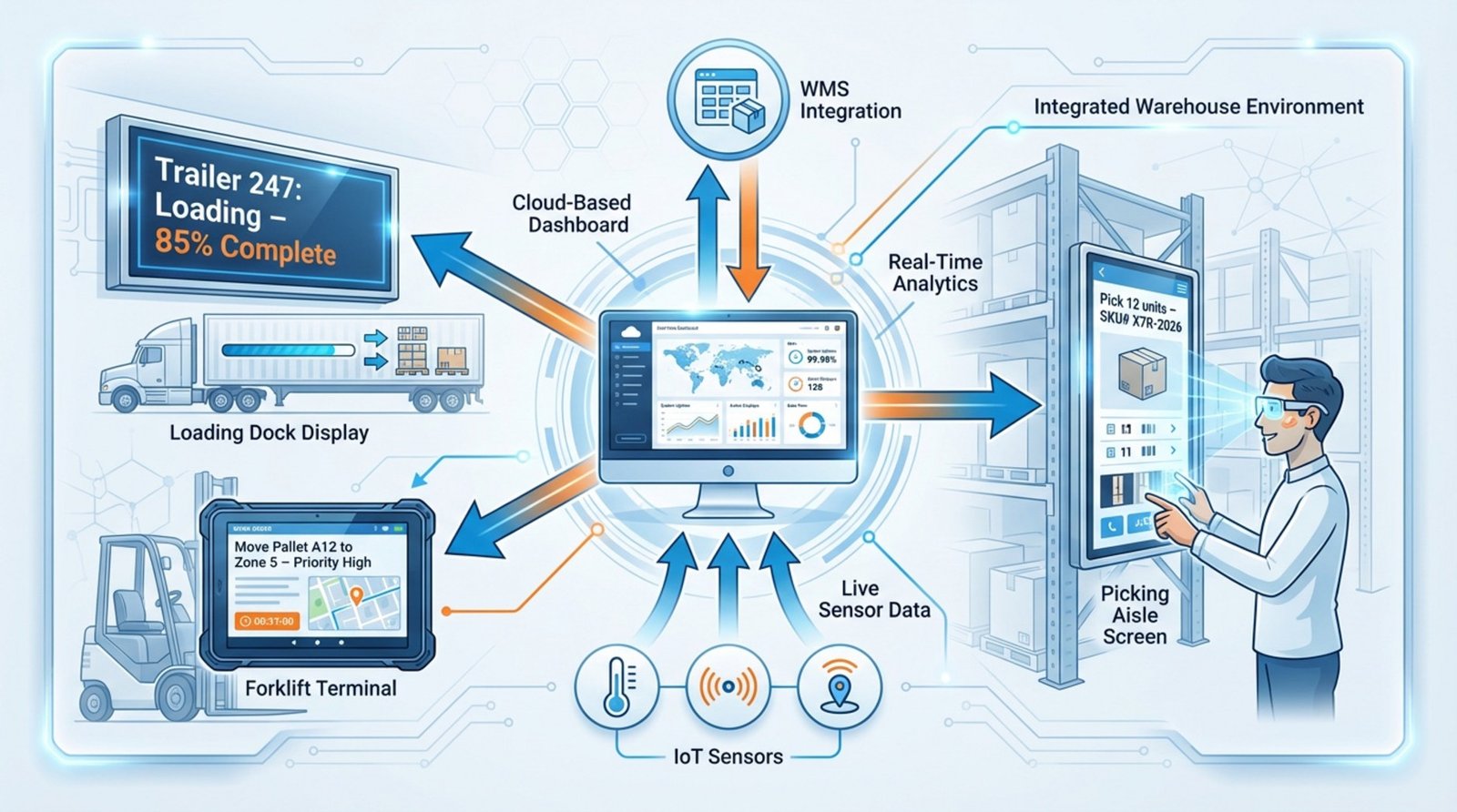 A modern infographic showing how warehouse digital signage operates with a central cloud dashboard connected to devices and sensors within a warehouse.