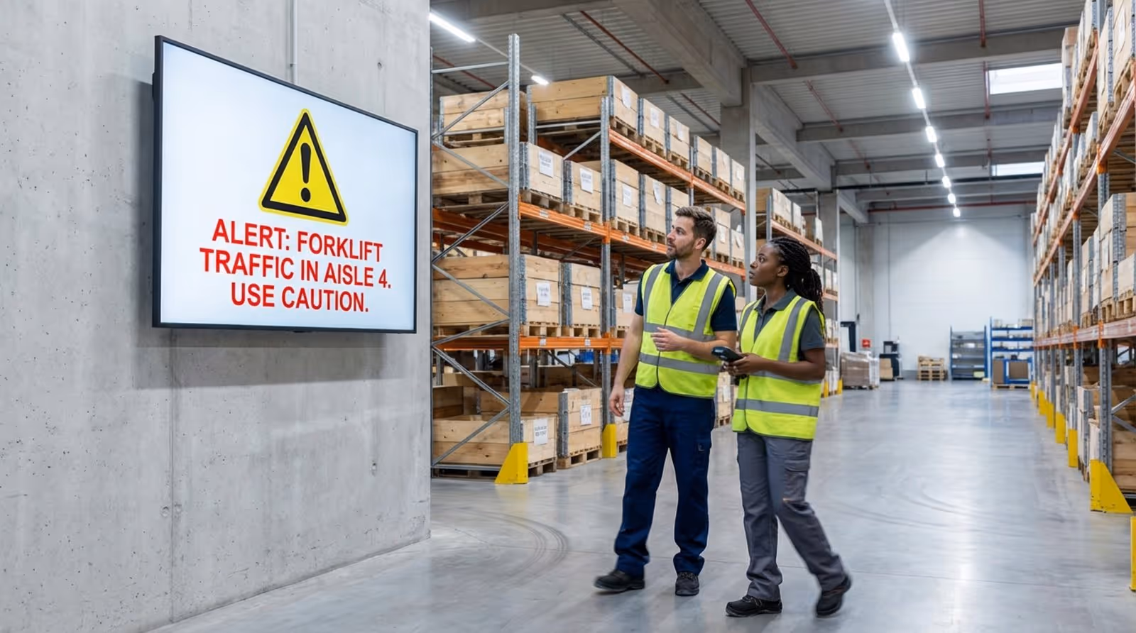 Inside a modern warehouse, workers observe a digital safety alert on a wall-mounted screen indicating forklift traffic caution.