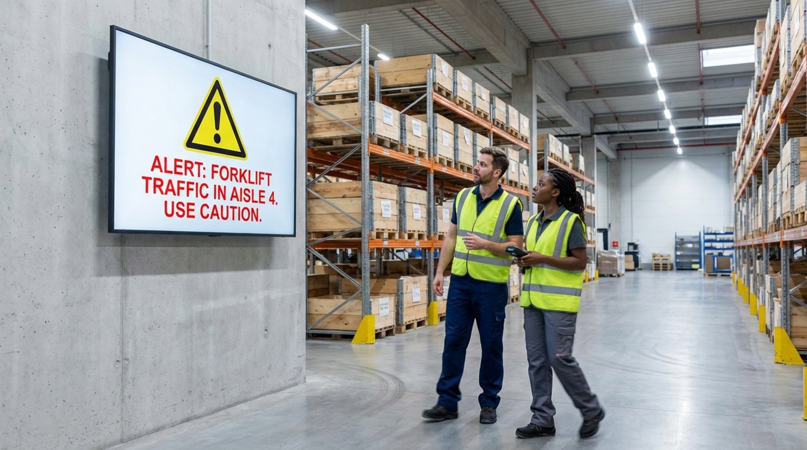 Inside a modern warehouse, workers observe a digital safety alert on a wall-mounted screen indicating forklift traffic caution.