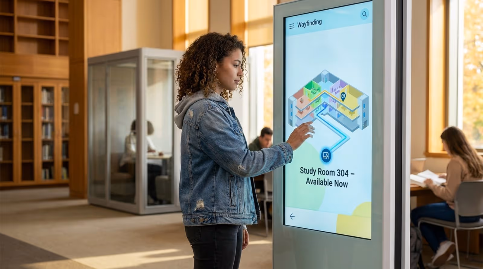 A student interacts with a large touch-screen kiosk displaying a 3D library map in a university lobby.