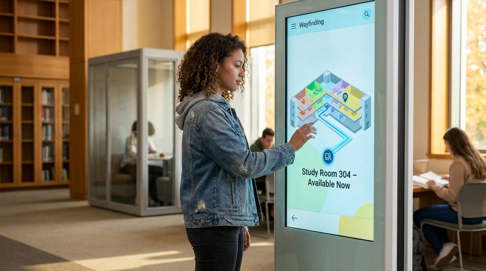 A student interacts with a large touch-screen kiosk displaying a 3D library map in a university lobby.