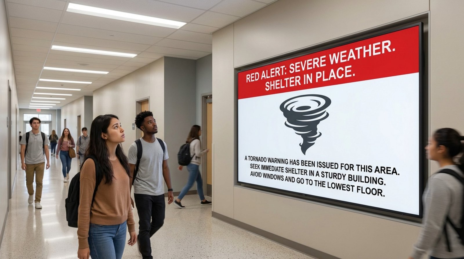 A digital signage screen displaying a severe weather emergency alert with a red header and tornado icon for quick safety communication.