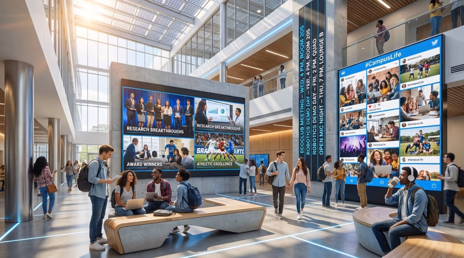 Vibrant university student union with digital screens displaying student achievements social media and events with engaged diverse students.