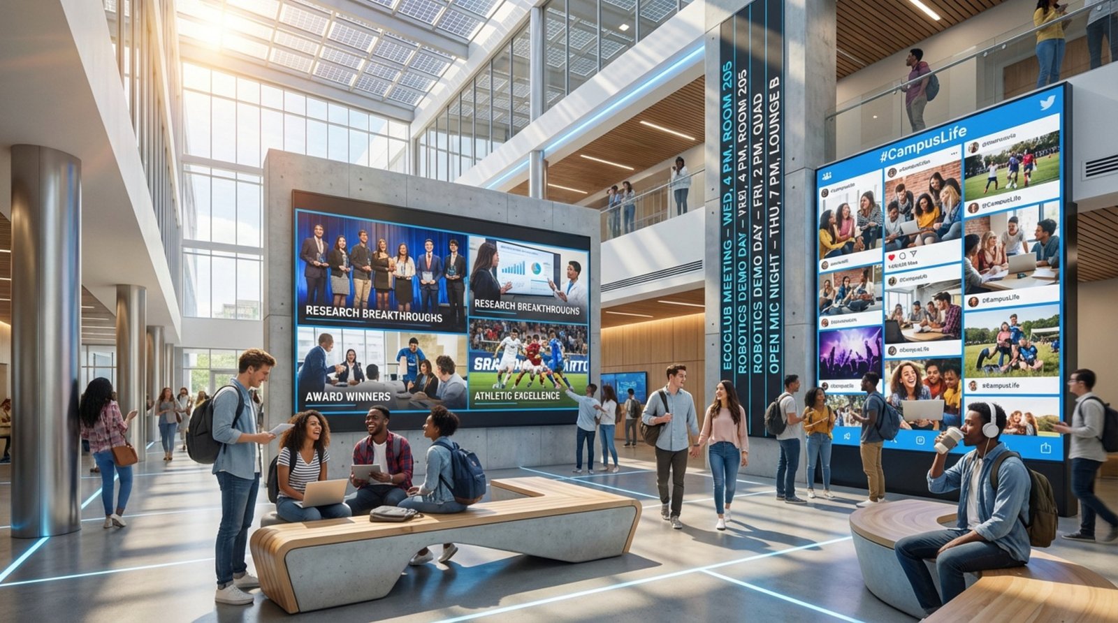 Vibrant university student union with digital screens displaying student achievements social media and events with engaged diverse students.