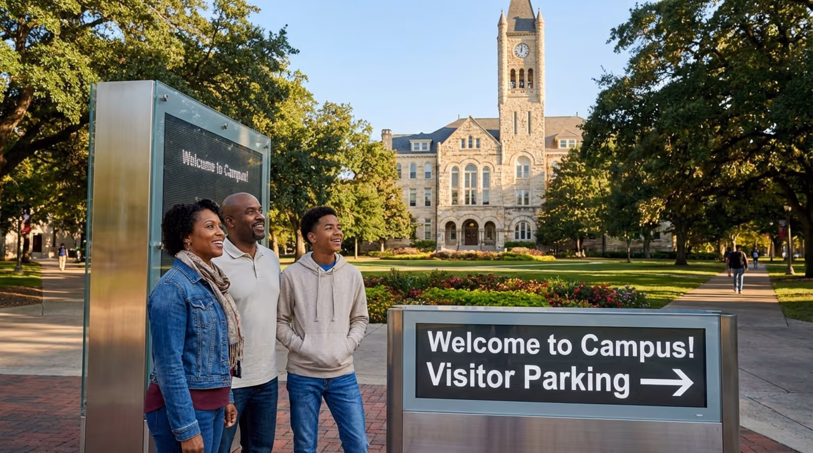 Prospective student and parents visiting campus near a digital sign with a collegiate building in the background.