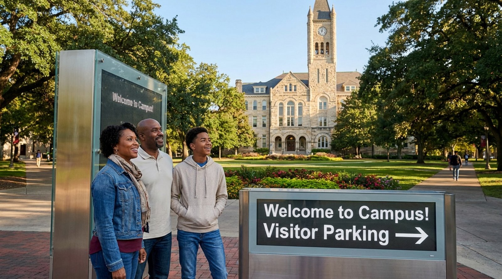 Prospective student and parents visiting campus near a digital sign with a collegiate building in the background.