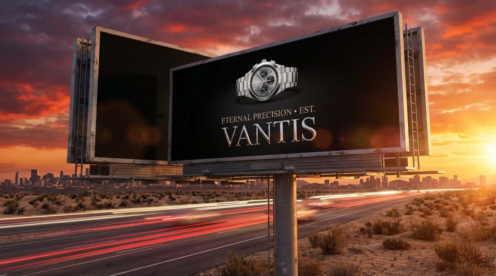 A large billboard advertising a luxury watch stands against a dramatic sunset sky near a busy highway, emphasizing brand presence and permanence.