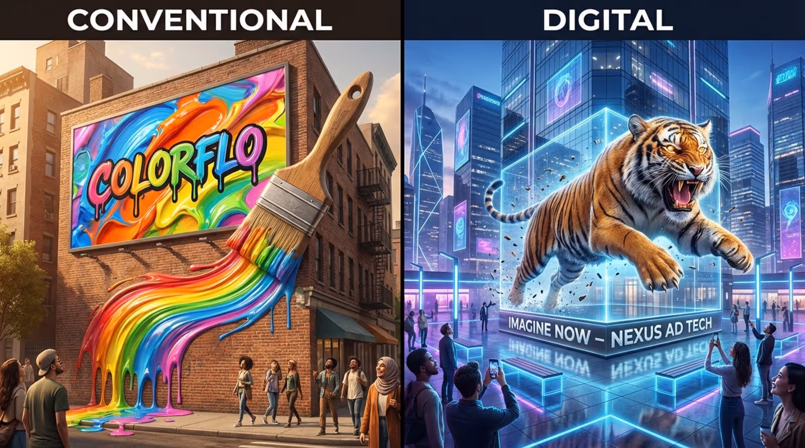 Split-screen comparison of traditional and digital advertising methods showing a static billboard with a 3D paintbrush extension and a digital screen displaying a 3D tiger illusion.