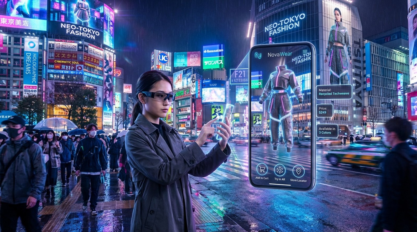 A young woman interacts with an augmented reality overlay on her smartphone in a neon-lit city, showcasing digital clothing on a billboard.