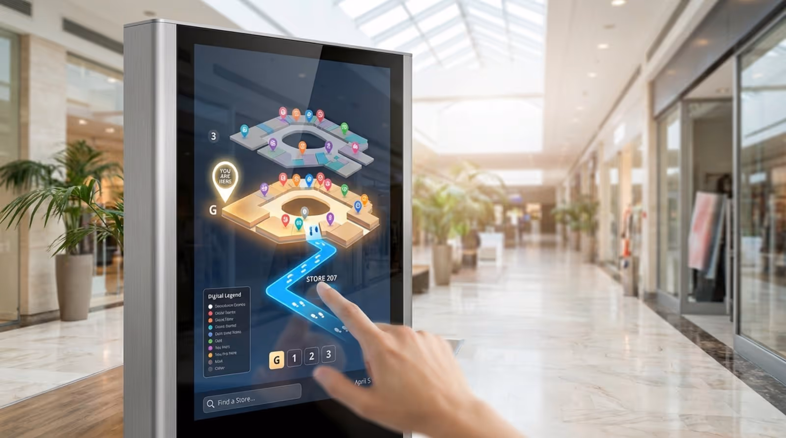Close-up of a shopper using a sleek vertical mall directory with a 3D map and route guidance.