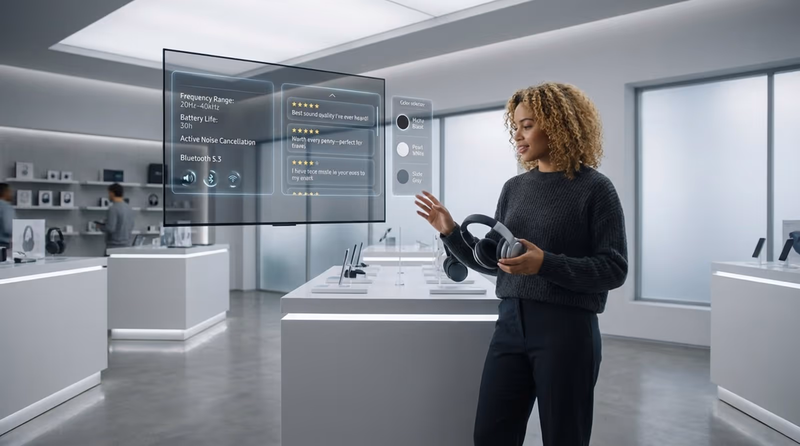 Customer examining headphones in a modern electronics store with a large screen displaying product details.