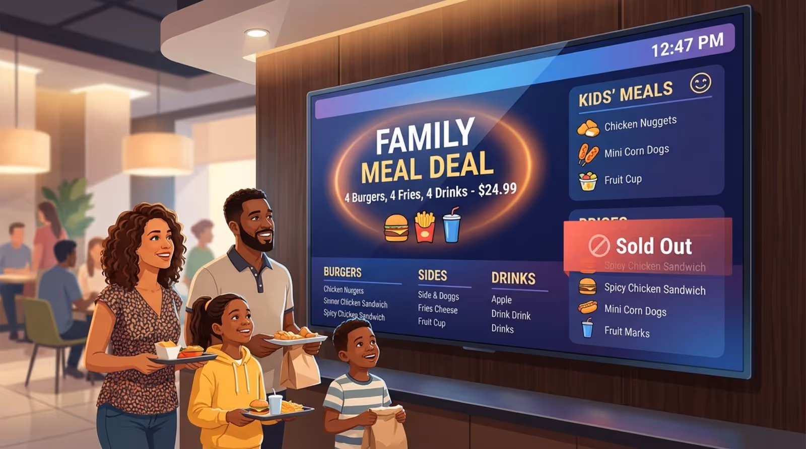 A digital menu board in a busy quick-service restaurant highlighting a family meal deal and a sold-out item.
