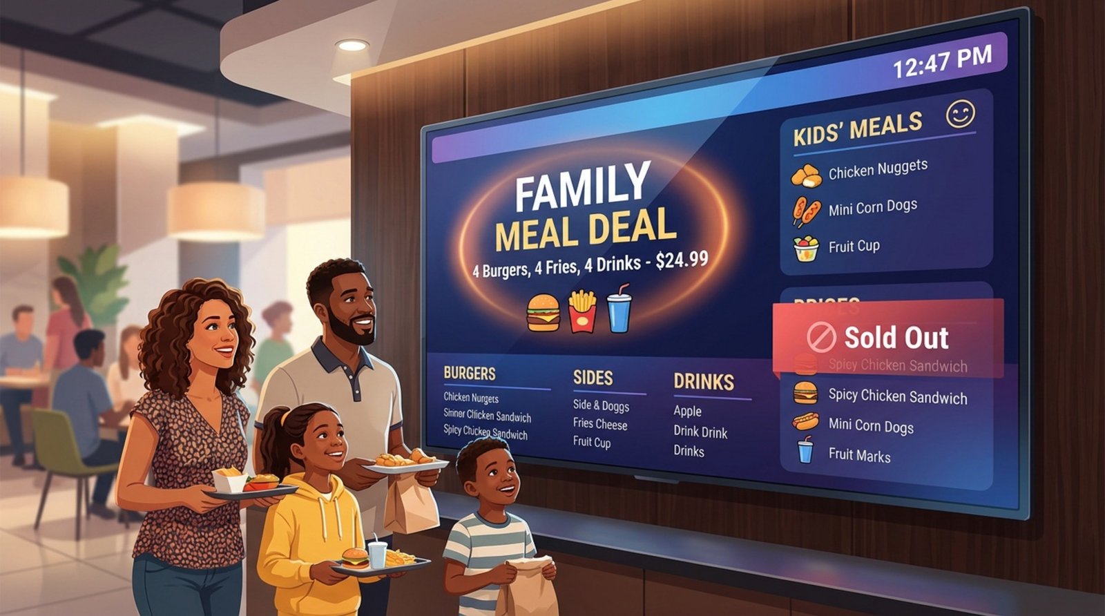 A digital menu board in a busy quick-service restaurant highlighting a family meal deal and a sold-out item.