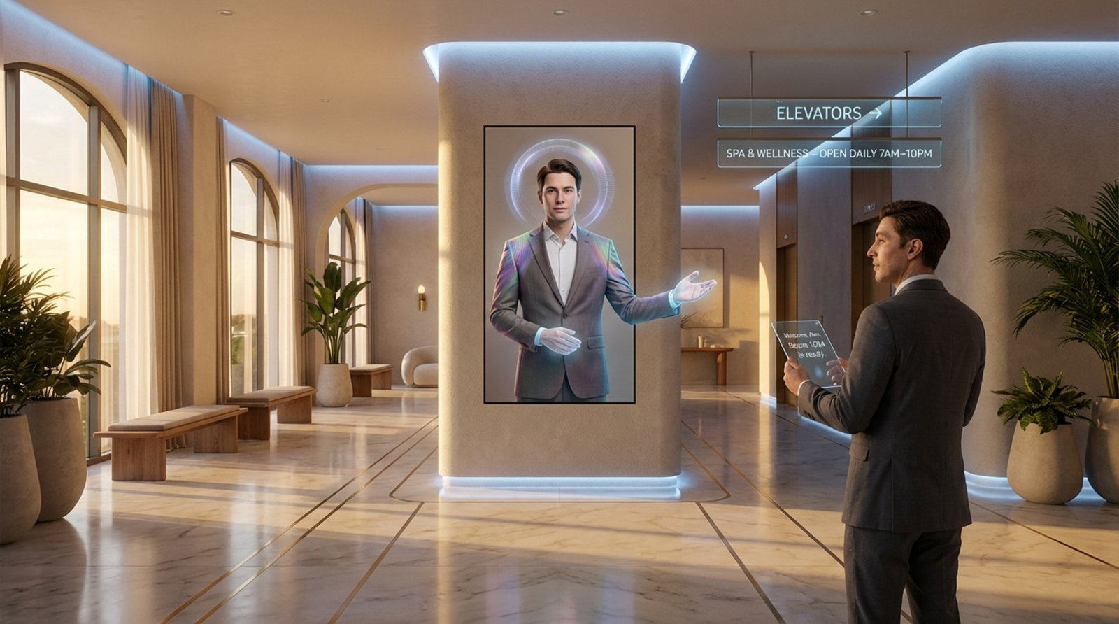 A friendly AI avatar on a large screen guides a guest in a luxurious hotel lobby with warm lighting and a seamless human-AI interaction.