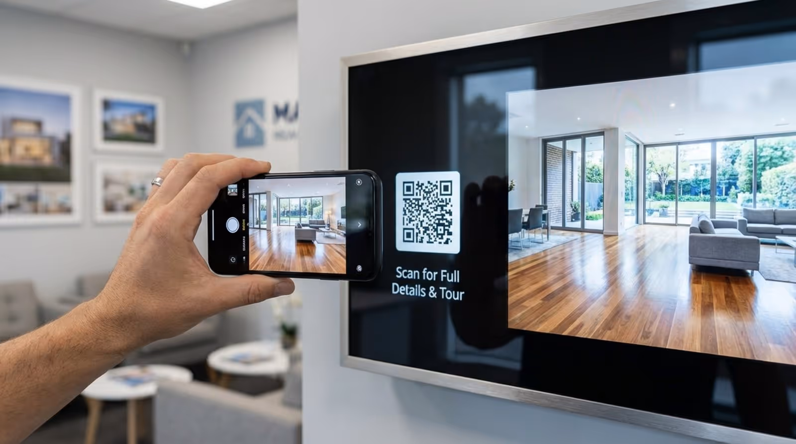 A hand holding a smartphone near a digital screen displaying a QR code for property details in a real estate office.